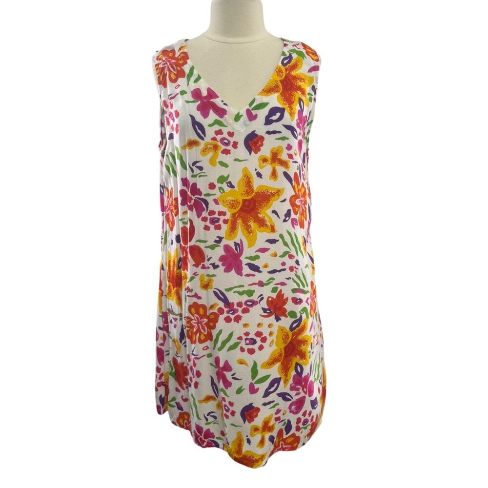 Pineapple Cove Floral Dress Sleeveless 1X White Tropical Summer